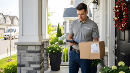 Package showing delivery man with scanner and package at front door of a house with wreath.