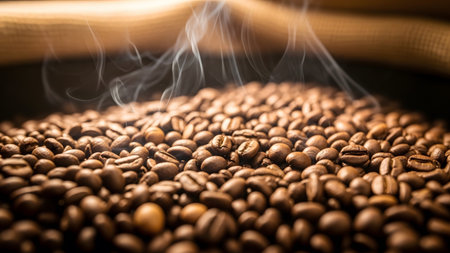 A detailed close-up shot of dark brown roasted coffee beans, with delicate tendrils of steam...