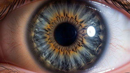 Patterns showing extreme close up macro shot of a human iris with intricate patterns and vibrant...