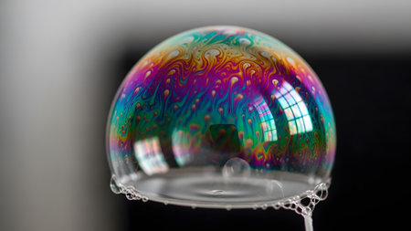 showing iridescent soap bubble surface with colorful swirling patterns and droplets on a...