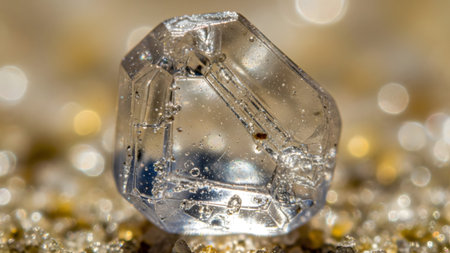 A clear, hexagonal crystal with visible internal structures sits on a bed of fine sand....の写真素材