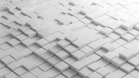 Abstract 3D rendering of a white geometric surface made of raised and lowered cubes creating a...