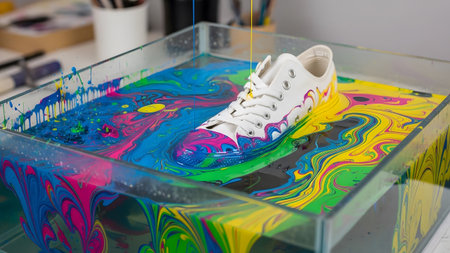 showing white sneaker floating in a clear tank with swirling vibrant paint patterns.の写真素材