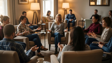 showing diverse group of people sitting in a circle in a living room setting during a...の写真素材
