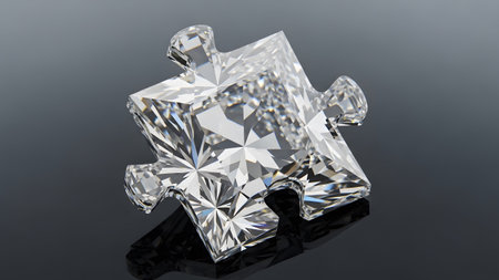 A single clear diamond puzzle piece with sharp facets and light reflections sits on a dark...の写真素材
