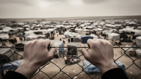 Overlooking showing hands clutching a chain-link fence overlooking a vast refugee camp with many...