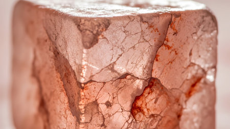 Close-up of a translucent pink Himalayan salt crystal cube showing detailed internal cracks and...の写真素材