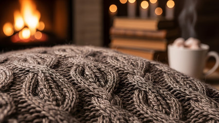 Cozy interior scene featuring a knitted blanket, a glowing fireplace, stacked books, and a...の写真素材
