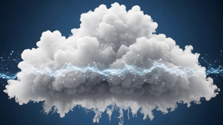 A large, fluffy white cloud with a bright blue digital network and scattered light particles on...