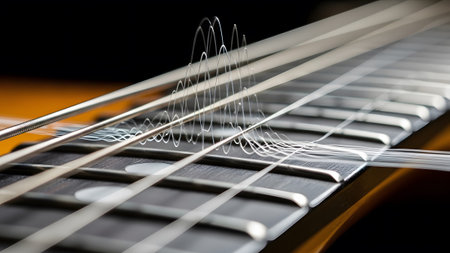 Abstract visualization of white sound waves appearing to emanate from vibrating guitar strings...の写真素材