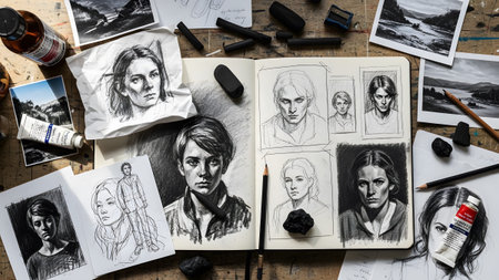 showing artist sketchbook displaying charcoal portraits and figure studies with.の写真素材