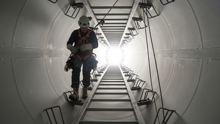 Wind showing wind turbine technician wearing safety harness climbing ladder inside tower towards...