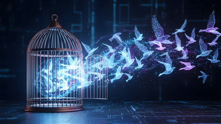 Into showing digital birds flying out of an open birdcage into a futuristic network.の写真素材