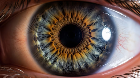 An extreme close-up of a human eye iris reveals intricate patterns of blue brown and yellow colors.の写真素材