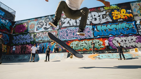 Outdoor showing skateboarder performing aerial trick in busy skatepark with diverse graffiti and...