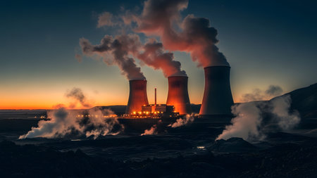 Cooling showing cooling towers of a power plant emitting steam at sunset with orange sky and...の写真素材