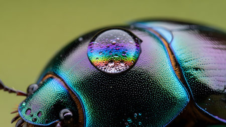 A close-up of a shiny beetle's surface, a large water droplet on its shell reflects a vivid...の写真素材