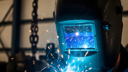 Stock showing welder wearing protective mask and welding creating bright blue sparks and light....