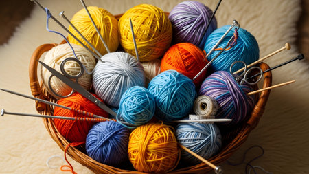 Knitting showing close-up of a wicker basket filled with assorted yarn balls and knitting tools....