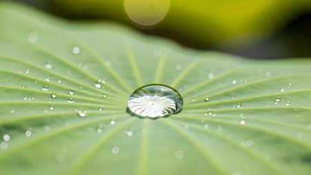 A large clear water droplet rests on a vibrant green lotus leaf with prominent radiating veins...