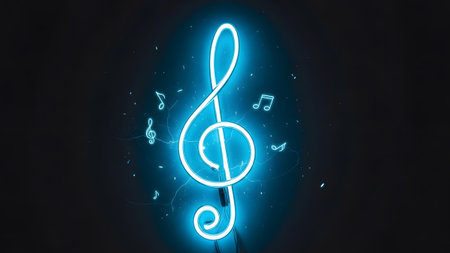 showing glowing blue neon treble clef symbol with musical notes against a dark background....の写真素材