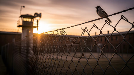 Prison showing a sparrow sits on a wire fence at sunrise with a prison watchtower and buildings...の写真素材