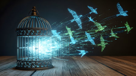 Birds showing birds made of digital data streams escaping a metal birdcage onto wooden planks....の写真素材