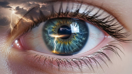 A human eye reflecting a bright lightning strike and a colorful sunset horizon within its blue iris.の写真素材