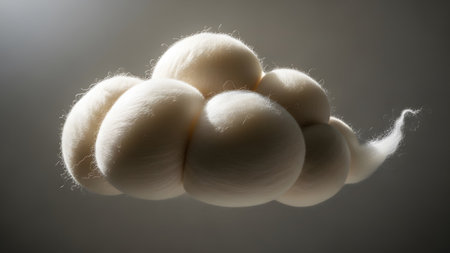 Wool roving showing cloud shape made of white wool roving against a gradient gray background....