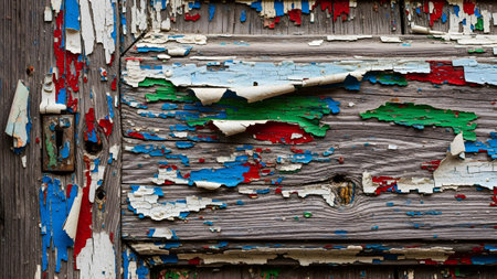showing peeling blue red and white paint on weathered wooden door with rusty lock detail....の写真素材