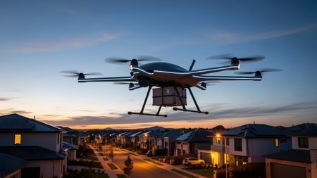 Package showing delivery drone carrying a package flies over a suburban neighborhood at dusk...