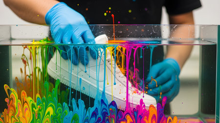 Into showing hands in blue gloves dipping white sneaker into colorful paint in glass tank.の写真素材