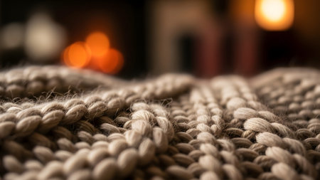 Detailed macro view of a thick brown knitted blanket, highlighting its intricate cable knit...の写真素材