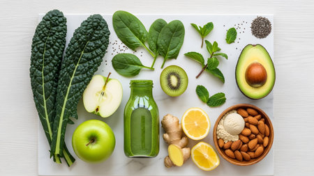 showing healthy green smoothie ingredients and bottle on marble surface. resolution...