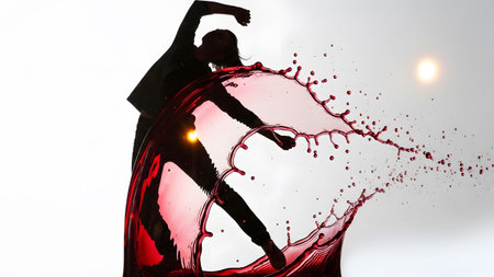 Dancer showing silhouette of a dancer in a dynamic pose surrounded by a splash of red liquid....の写真素材