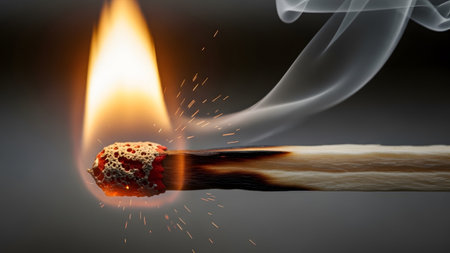 showing close-up of a burning match with intense orange flame and emitting white smoke on...