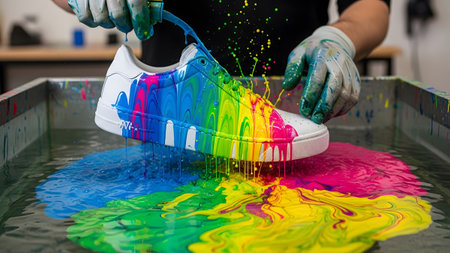 Into showing white sneaker being dipped into swirling colorful paint in a water bath.の写真素材