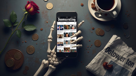 Doomscrolling showing skeleton hand holds smartphone displaying doomscrolling news amidst coins...
