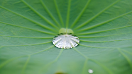 Drop showing macro shot of a clear water drop centered on a green lotus leaf with radiating...の写真素材