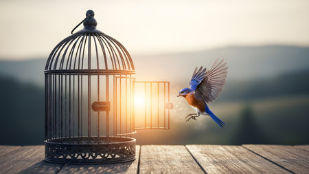 Antique showing blue bird flying out of an open antique birdcage on a wooden surface with a...の写真素材