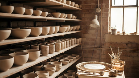 Extensive shelves in a pottery studio are filled with ceramic bowls and cups, with a pottery...の写真素材