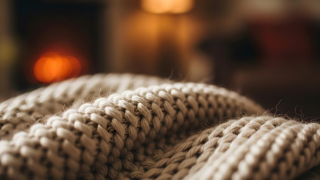 Detailed view of a soft beige knitted blanket showcasing its thick cable knit texture and cozy feel.の写真素材