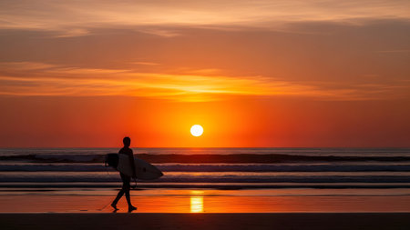 (5040) showing silhouette of a man carrying a surfboard on a beach during a vibrant orange...