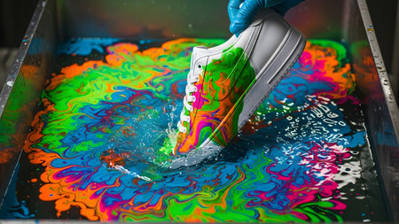 Into showing white sneaker splashing into colorful paint in a metal tray. resolutionの写真素材