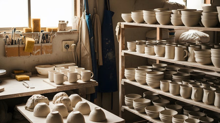 A pottery studio workbench holds unfinished clay forms alongside shelves packed with finished...の写真素材
