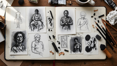 showing artist sketchbook filled with charcoal figure and artistic supplies.の写真素材