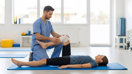 Woman showing physical therapist assists woman with knee rehabilitation exercise on yoga mat....