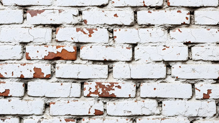 Detailed close-up of a white painted brick wall with significant peeling paint revealing the...