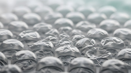A close-up macro view of clear plastic bubble wrap showing the repeating pattern of air-filled...