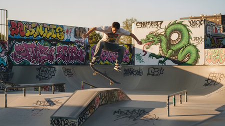 Mural showing skateboarder mid-air jump in skatepark with graffiti dragon mural and concrete...